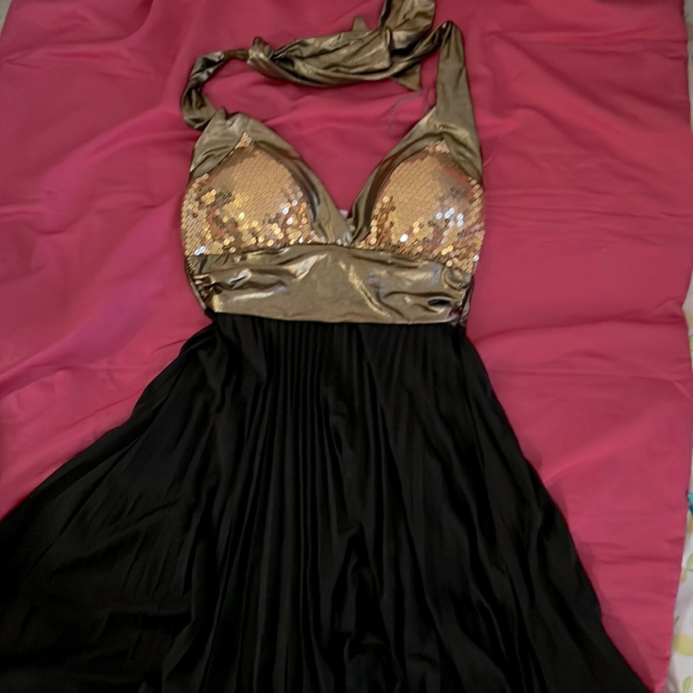 Fancy gold sequin pleated party dress padded to support cleavage